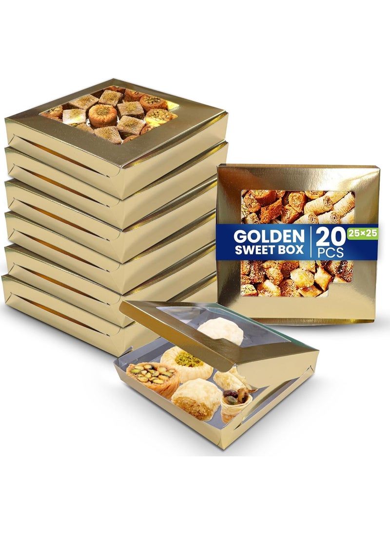 SNH Packing Pack 20 Gold Bakery Box with Window, size 15 x 15 cm Sturdy Aluminum Treat Boxes for Cookies, Pastries, Donuts & Cakes - Dessert Gift Boxes for Weddings, Birthdays & Party Favors - Image 1